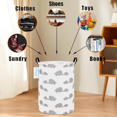 Round Laundry Basket Collapsible Storage Hamper Love Elephant | Waterproof Canvas Foldable Baskets with sturdy Handles Multi-scene Organizer for Home Play Bedroom Gift Bin