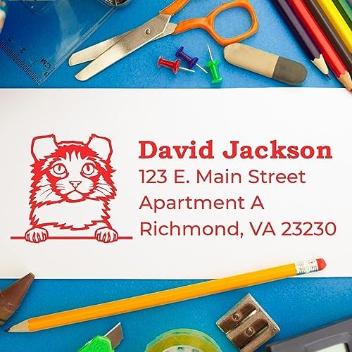 Peeking Kinkalow Cat Wood Handle Address Stamp - 4 Line Custom Imprint | Nothing to dry out. Address Stamp with Kinkalow Cat. Custom Address Stamp for Animal Lovers. 7/8 by 2-1/4 inch imprint.