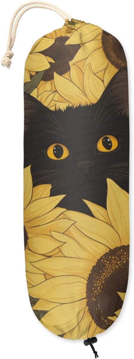 Animal Cat Plastic Bag Holder Yellow Sunflower Grocery Bag Storage Dispenser Washable Hanging Shopping Bags Carrier Reusable Wall Mount Trash Bag Organizer for Kitchen Pantry