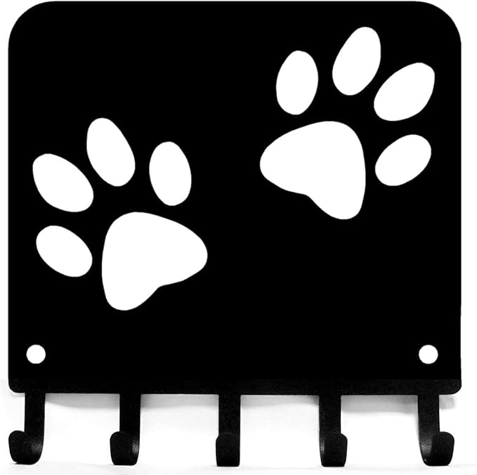 Paw Print Key Rack Hanger & Dog Leash Holder9 inch | Made in USA. 5 Hooks. Wall Mounted