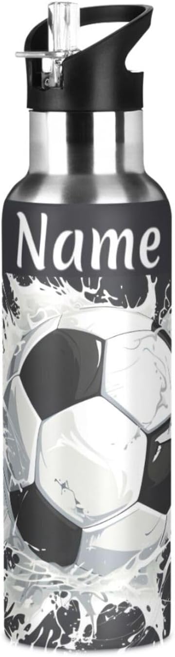 Custom Name Soccer Ball Water Bottle with Straw Lid Kids Insulated Stainless Steel Water Flask Sports, 20 Oz Hot Cold