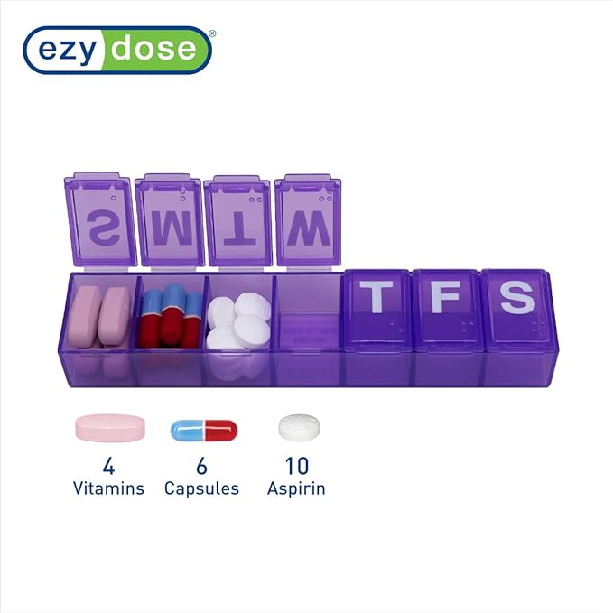Ezy Dose Weekly (7-Day) Pill Organizer, Medium Planner, Purple, BPA-Free | Compact Daily Vitamin & Supplement Medicine Case, Pop Up Compartments, Convenient and Easy to Use, Travel-Friendly, BPA-Free