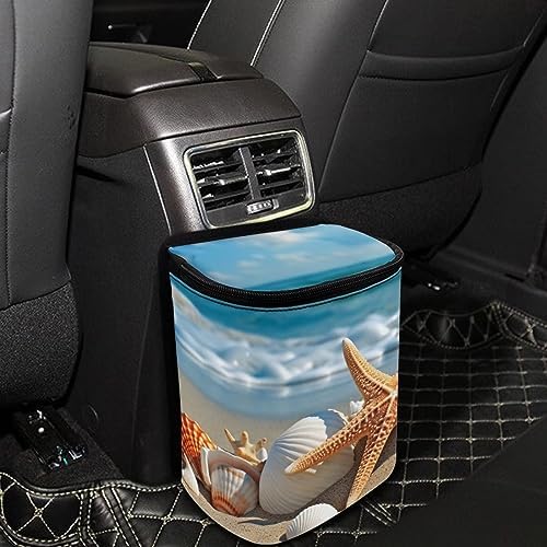 DISNIMO Beach Starfish Sea Shell Car Trash Can with Lid Cute Car Accessories Leak Proof Car Trash Bag Hanging Car Garbage Can Multipurpose Storage Container for Back Seat Road Trip