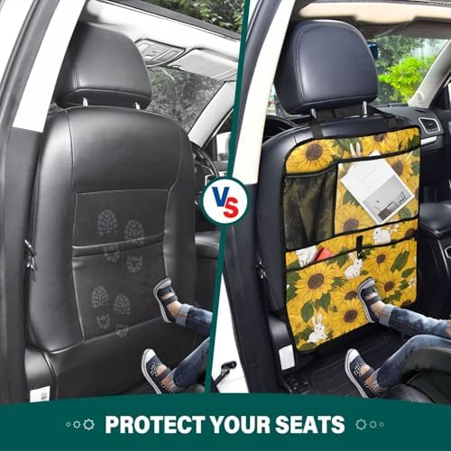 2 Pack Back Seat Car Organizer with Storage Pockets Kick Mats Back Seat Protector Hanging Car Organizer Automotive Seat Back Cover Organizers Autumn Sunflower and Cute Rabbit