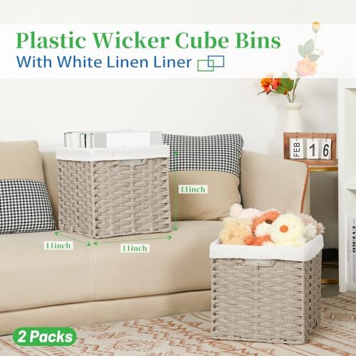 Bidtakay Wicker Baskets for Shelves Waterproof Imitation Wicker Cube Storage Bins with Liners for Organizing Closet Cabinet 2-Pack 11x11 inch Storage Cube Organizer for Pantry-Greyish Beige