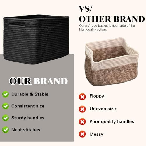 Storage Baskets for Organizing, 4 Pack Baskets for Shelves, Decorative Storage Bins for Shelves, Cotton Rope Storage Basket with Handles, Woven Basket for Storage, 13''Lx8.7''Wx7.9''H, Black
