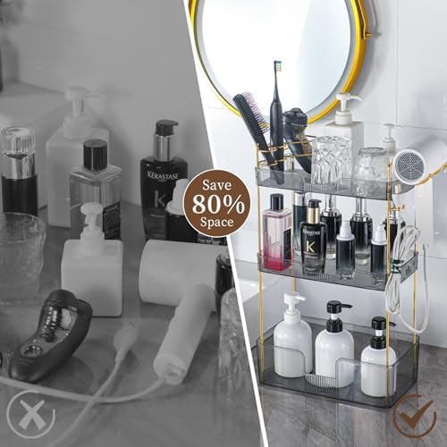 YCIA&DONE Bathroom Counter Organizer, Large Makeup Organizer Countertop, Shelf Storage, Vanity Tray, Easily Assemble for Bathroom Organizers and Storage, Undersink, Cabinet, 3 Tiers Grey