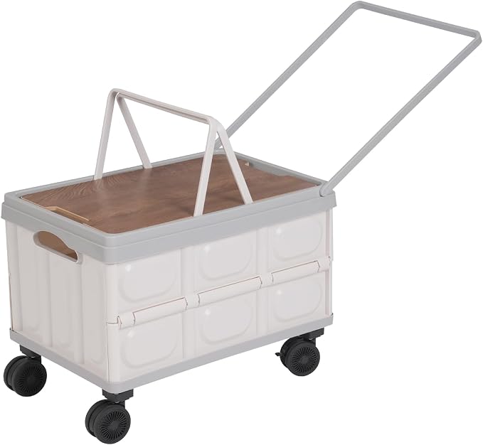 Rolling Foldable Crate with Wheels, Collapsible Rolling Crate with Wooden Cover, Foldable Utility Cart with Wheels for Teachers, 55L 77lbs