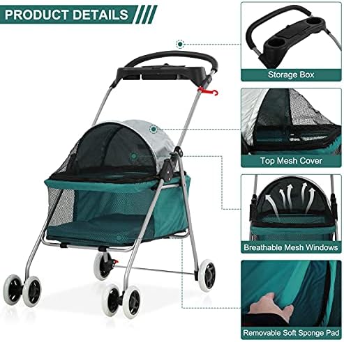 Meet Perfect Pet Stroller for Small/Medium Dogs & Cats, Foldable | Waterproof fabric helps protect pets during outdoor travel; Mesh panels provide ventilation and visibility.