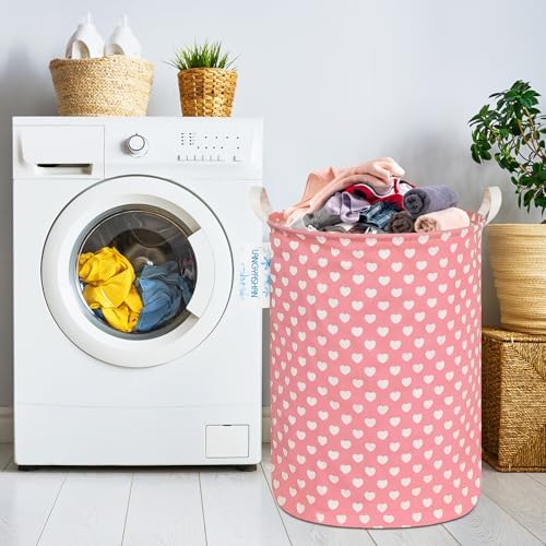 Round Laundry Basket Collapsible Storage Hamper Organizer Pink Heart | Waterproof Canvas Foldable Baskets with sturdy Handles Multi-scene Organizer for Home Play Bedroom Gift Bin
