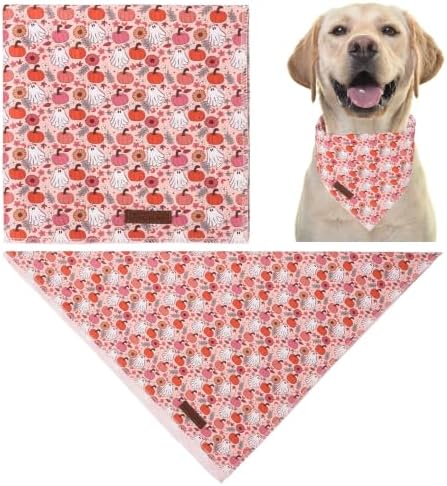 Halloween Dog Bandana,Pumpkin Triangle Bid Scarf with Pink Pumpkin & Ghost Pattern, Cotton Pet Kerchief for Girl Female Dogs or Cats, Cute Puppy Bandana Fancy for Dogs