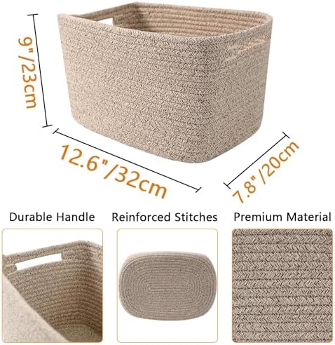 6 Pack Woven Rope Baskets, 12.6"×9"×7.8" Storage Bins, Brown | Storage Boxes for Toys, Books, Towels, Clothes, Shelf Baskets Organizer,Empty Gift Baskets for Living Room, Bathroom, Bedroom