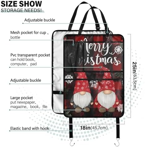 2 Pack Back Seat Car Organizer with Storage Pockets Kick Mats Back Seat Protector Hanging Car Organizer Automotive Seat Back Cover Organizers Red and Black Checkered Christmas Gnomes