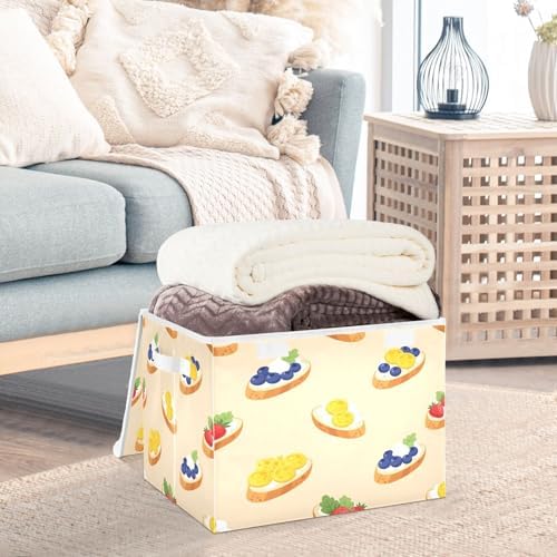 Storage Bins with Lids Fruit Topped Bread Pattern Foldable Storage Boxes with Handles Large Storage Basket Collapsible Organizer Containers for Closet Home Bedroom Office