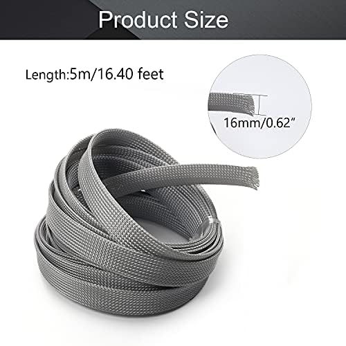 Bettomshin 1Pc 16.4Ft(5m) Cable Management Sleeve, 5/8"(16mm) Width PET Grey Cord Protector, Wire Loom Tube Insulated Split Sleeving for USB Cable Power Cord Organizer Video Cable Hider