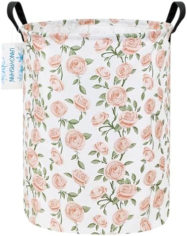 Round Laundry Basket Collapsible Storage Hamper Organizer Champagne Rose | Waterproof Canvas Foldable Baskets with sturdy Handles Multi-scene Organizer for Home Play Bedroom Gift Bin