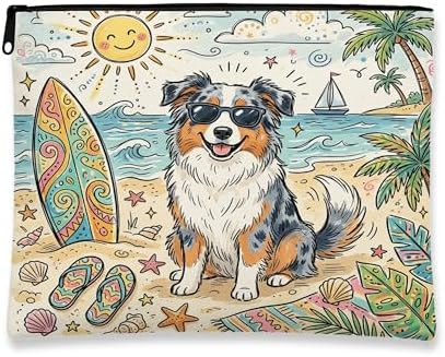 Cute Australian Shepherd Dog Makeup Bag, Coastal Beach Shells Cosmetic Travel Pouch for Women Girls, Pet Portable Small Canvas Zipper Organizer 7x9 Inch