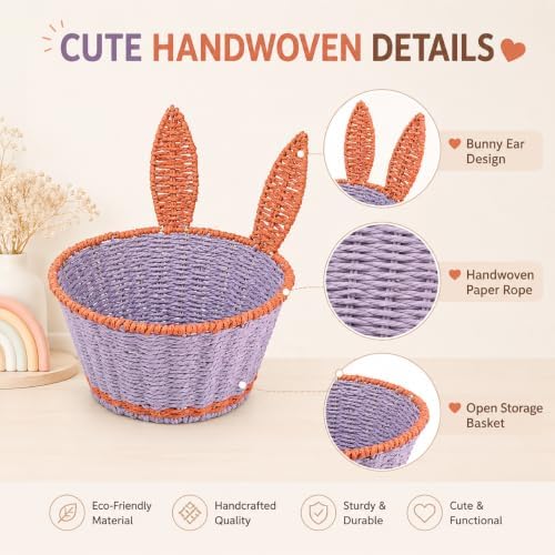 Bunny Boho Decor Storage Basket,Handmade Paper Rope Basket,Kit | 100% Handmade Decor Bin,2 Color Blocking,Create An Organized Life,for Toilet Paper,Living Room,Table,Bedside,Pet Organizing