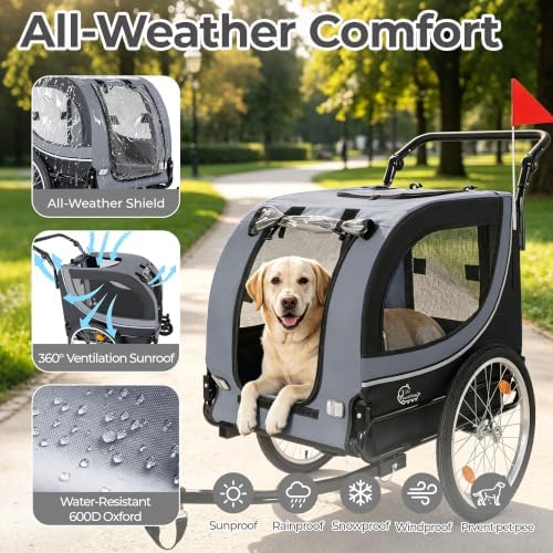 2-in-1 Pet Bike Trailer & Dog Stroller for Ebikes, Heavy-Duty Foldable | Heavy-duty powder-coated steel frame supports up to 100 lbs. 600D Oxford fabric is tear-resistant and sun-protective. Co