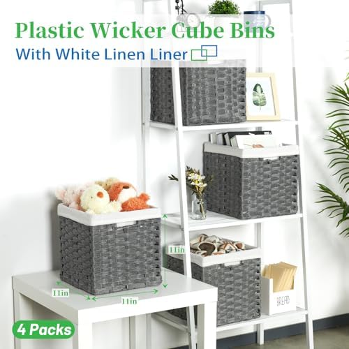 Bidtakay Wicker Storage Baskets for Organizing 4-Pack Hand-Woven Imitation Dark Grey Wicker Cube Storage Bins with Liners for Shelves Closet Cabinet 11x11 Waterproof Cube Organizer for Pantry