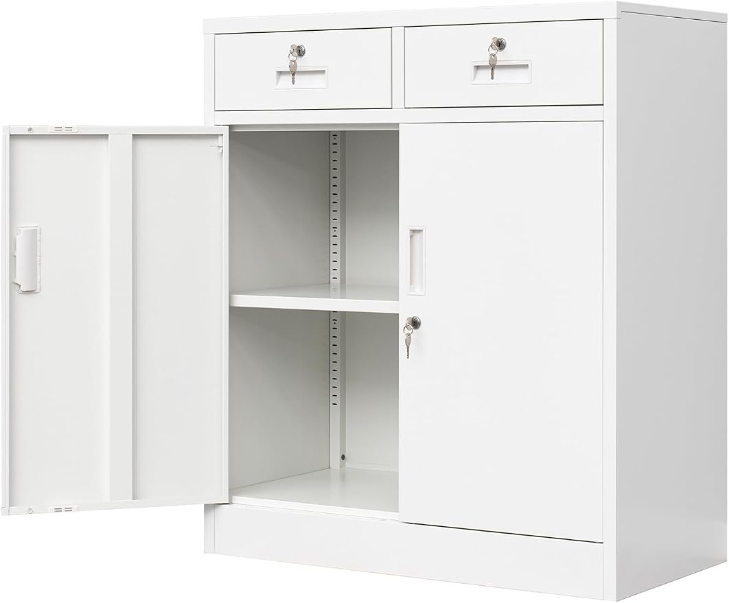 Wanfu Metal Storage Cabinet, Locking Storage Cabinet with Adjustable Shelf, 36" H Metal Cabinets with 2 Drawers for Office, Garage, Home-White