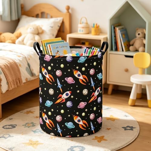 Round Laundry Basket Collapsible Storage Hamper Organizer Planet Rocket | Waterproof Canvas Foldable Baskets with sturdy Handles Multi-scene Organizer for Home Play Bedroom Gift Bin