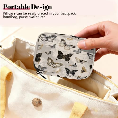 Travel Pill Organizer Vintage Gold Black Butterfly Small Pill Case
