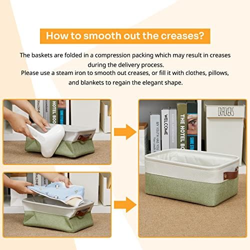 DULLEMELO Small Storage Basket, Fabric Collapsible Gift Storage Basket for Shelves, Closets, Nursery, Home, Office Organizing, Small Canvas Linen Rectangular Storage Bin with Handles (White&Green)