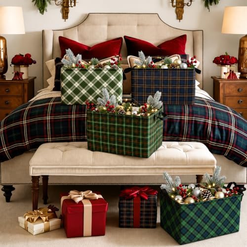 Chunful 4 Pack Christmas Tartan Plaid Storage Baskets for Gifts Collapsible Green Tartan Decorative Laundry Storage Bins Foldable Box with Handles for Home Bedroom Office Holiday Clothes Containers