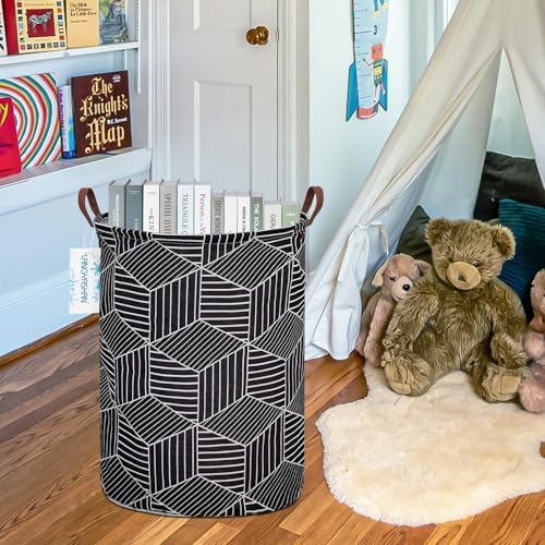 Round Laundry Basket Collapsible Storage Hamper Organizer Black diamond | Waterproof Canvas Foldable Baskets with sturdy Handles Multi-scene Organizer for Home Play Bedroom Gift Bin