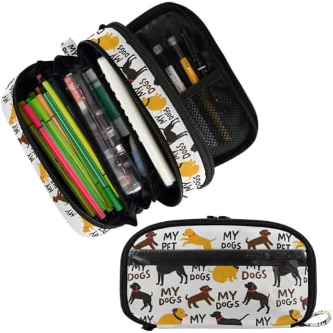 SUABO Pet Dogs Yellow Black Pencil Case Large Pen Box Holder | Large Capacity Pencil Pouch Stationery Bag with Compartments, Transparent PVC Layer, School Office Supplies for Kids Adults