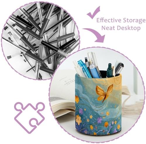 Faux Leather Pen Holder for Desk, Pencil Organizer Butterfly Pen Cup Desk Decor Makeup Brush Holder Storage for Office Home