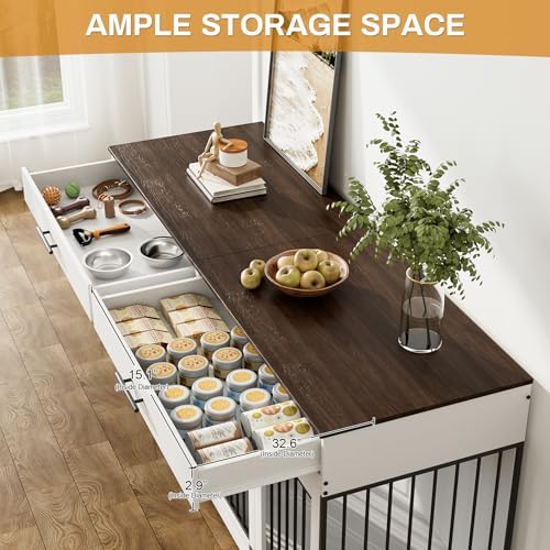 OUYESSIR Dog Crate Furniture, 72.05 Inch Large Dog Kennel with Dog Bowls & 2 Drawers, Wooden Double Dog House with Doors & Divider, Indoor Heavy Duty Dog Cage for Medium Large Dogs, White