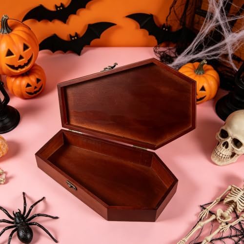 Halloween Coffin Shaped Wood Keepsake Box with Hinged Lid, Multifunctional Candy and Necklace Storage Container for Holiday and Heartfelt Commemorations, Gothic Inspired Brown