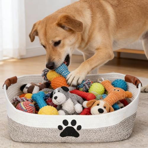 Woven Dog Toy Basket Large 100% Cotton Rope Basket for Dog Cats Toys Dog Toys Box for Living Room Area-Trapezoid Dog Toys Bin-Nursery Gift for Pet Toys,Collar,Leash,Blanket,Clothes-Brown