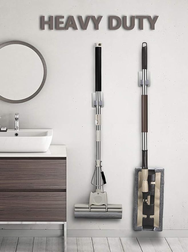 HANZE 2 Pack Stainless Steel Mop Broom Holder Organizer, Self Adhesive Wall Mounted Mop Organizer Storage Rack Clip for Kitchen Bathroom and Garage (Rectangle, Large)