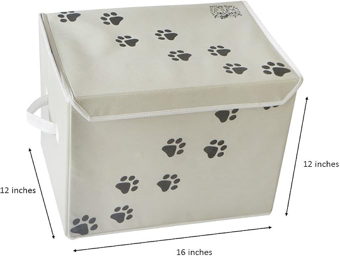 Large Dog Toys Storage Box. 16" x 12" inch Pet Toy Storage Basket with Lid. Perfect Collapsible Canvas Bin for Cat Toys and Accessories Too! (Tan)