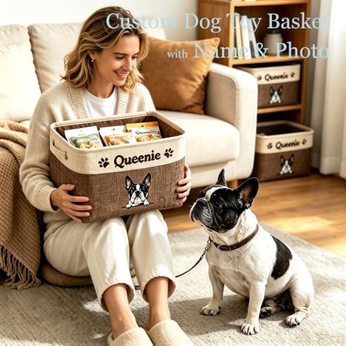 Custom Fabric Dog Toy Storage Basket with Cute Dog Pit Bull Collapsible Sturdy Fabric Pet Toys Storage Bin Cube with Handles for Organizing, Brown and White