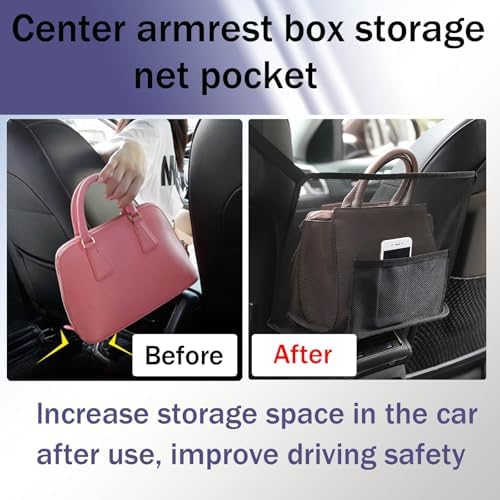 Car Net Pocket Handbag Holder, Organizer Mesh Bag Between Seats, Driver Storage Netting Pouch for Handbag Purse, Universal Accessory for Women and Men, Pet/Kids Car Barrier (Black)