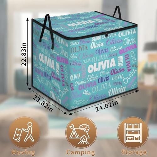 Custom Extra Large Storage Baskets Named with Lid, Personalized Storage Bins Basket Boxes Handles for Clothes Blanket Bedroom Closet Organizing Toys Shelves, Lake Blue with Colorful Names