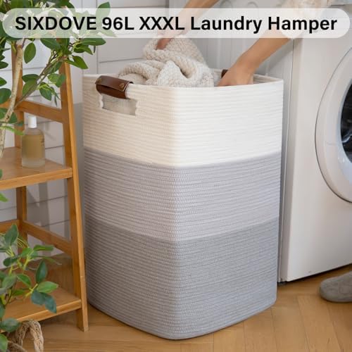 Laundry Hamper 96L Extra Large Laundry Basket, Woven Blanket Basket | Cotton Woven Storage Hamper with Handles for Living Room, Large Baskets for Pillows, Blankets, Clothes-Gradient Grey