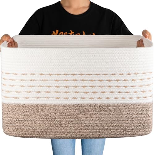 OIAHOM 75L Extra Large Blanket Basket, 22”x17”x15” Rectangle Woven Cotton Rope Baskets for Living Room, Toy Storage with Handle- Gradient Light Brown