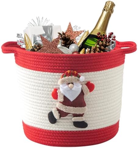 Christmas Basket with Santa Claus Doll, Woven Cotton Rope Christmas Storage Basket with Handles, Christmas Toy Baskets for Towels, Diapers, Red