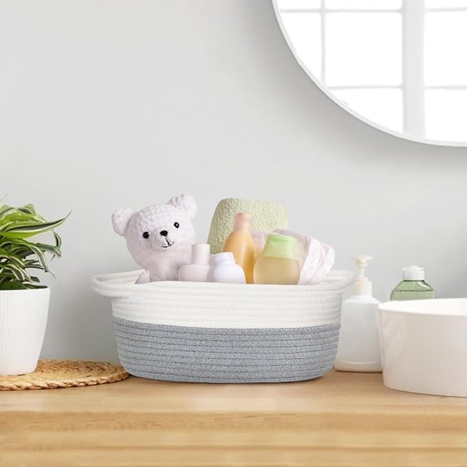 Small Dog Toy Basket, Woven Cotton Rope Storage Box for Cat Dog, Pet Baby Nursery Organizer, Empty Baskets for Gifts, Wicker Basket with Handles, Cute Shelf Bin for Decor, 12"x 8"x 5", Gray