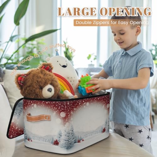 Merry Christmas New Year Holiday Fabric Storage Bin with Lid | Storage Basket, Collapsible, Foldable, Waterproof, Handle, Large, Closet Organizer, Home, Xmas Tree Winter