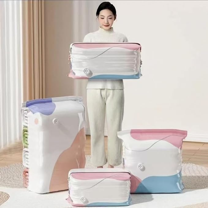 Vacuum Storage Bags No Pump Needed, Heavy Duty Thickened Compression Bags for Closet Dorm Room Moving, Upright Standing Cube Design Large & Medium 2/4 Pack (#ML-4)