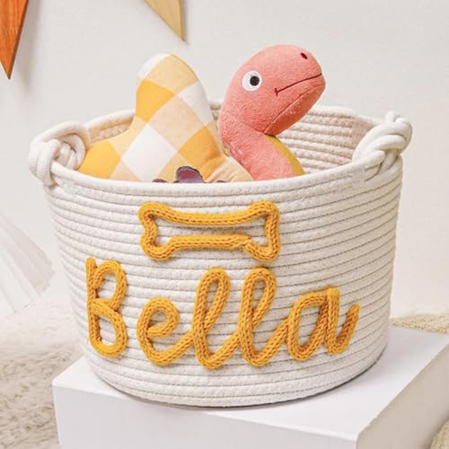 Personalized Dog Toy Storage Basket Bin Custom Pet Woven Baskets Pet Name Gift Toy Storage Cotton Rope Storage Box for Dogs & Cats Toys, Blankets and Accessories (Style C)