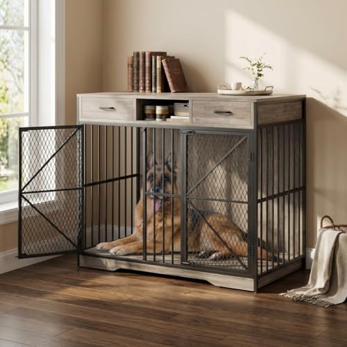 Dog Crate, Heavy-Duty Dog Crate Furniture Storage Table, Double Doors Dog Kennel Indoor Easy Access, Removable Tray Small Dog Crate Dog Kennel Furniture for Home, Vintage Brown/Black 44-Inch