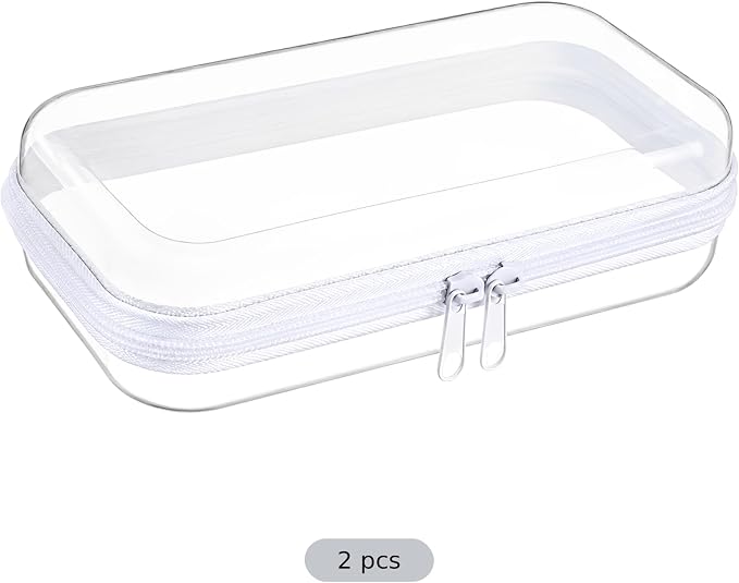 2 Pcs Clear Hard Shell Zipper Pouch, 7.9 x 4.7 x 2.0 in Small Clear Makeup Bags with Zipper, PET Rigid Makeup Organizer Storage Bag for Travel Toiletries and Stationery