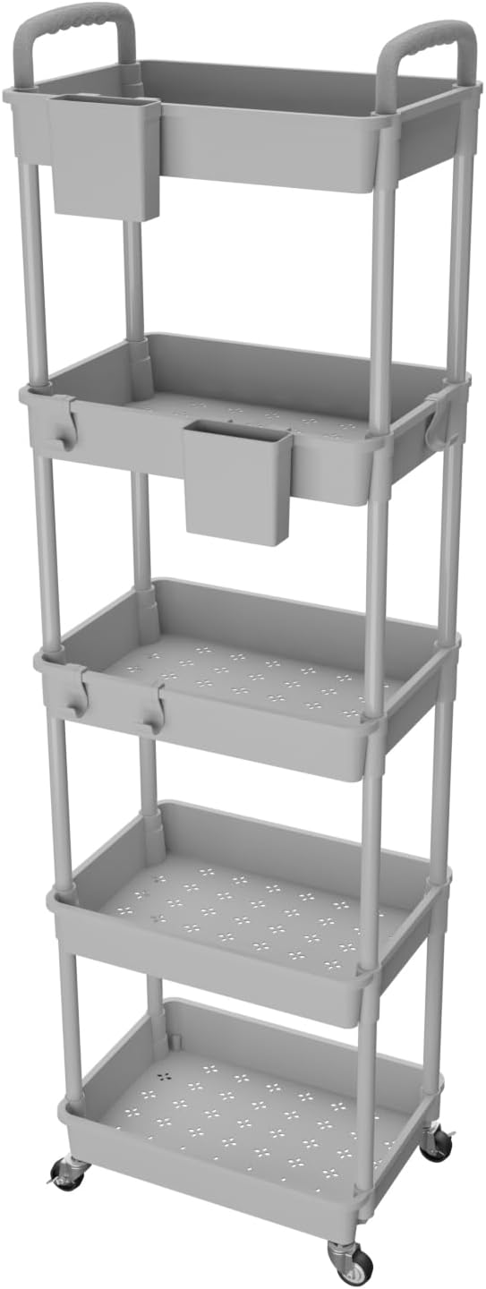 5 Tier Rolling Utility Cart with Handle,REBECAT Utility Cart Made of Multifunctional Storage Organizer Tool for Kitchen,Bathroom,Living Room,Office(Gray)